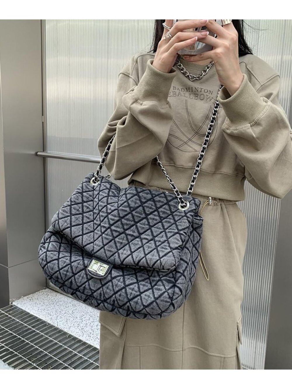 Women's Grey Casual Diamond Checker Denim Retro Fashion One Shoulder Handbag